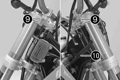 Mount and tighten screws. Install the front fender. ( p. 51) Mount the handlebar cushion. Refit the headlight mask with the headlight. ( p. 83) Install the front wheel.