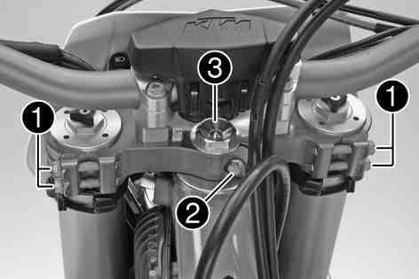 16Adjusting the play of the steering head bearingx(xcf W, EXC F EU, EXC F AUS) Raise the motorcycle with the lift stand. ( p. 42) Loosen screws and. Loosen and retighten screw.