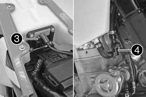 Remove the wash cap set. Lubricate the O-ring and connect plug-in connection of the fuel line. 101448-10 Route the cable and fuel line at a safe distance from the exhaust system. Mount the seat. ( p.