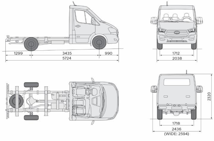 H350 TRUCK SHORT BODY HYUNDAI BUS Body type Drive type Suspension Application Engines D4CB15F D4CB15F D4CB15F D4CB15F Emission Dimensions (mm) Overall Wheel Tread Overhang Angle Min.
