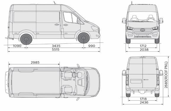 H350 VAN SHORT BODY HYUNDAI BUS Body type Drive type Suspension Application Engines Emission Dimensions (mm) Overall Wheel Tread Overhang Loadspace Side Sliding door Tailgate Angle Min.