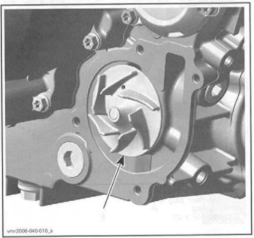 Impeller CAUTION: Water pump shaft no. 3 and impeller no. 2 have right-hand threads. Remove by turning counterclockwise and install by turning clockwise.. Retaining ring 2.