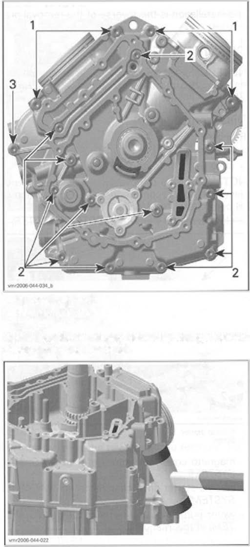 Measure plain bearing mside diameter NOTE: Place the proper crankcase support sleeve (P/N 529 036 03) under crankcase halves before removing plain bearings.