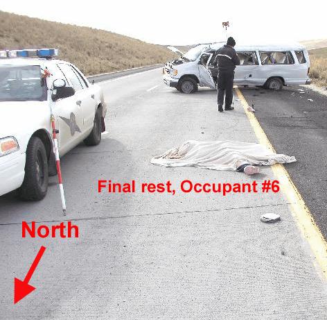 The yaw continued for 56 m (183 ft) until the vehicle had reached approximately a 45 degree angle and the rear tires had entered the left side shoulder.