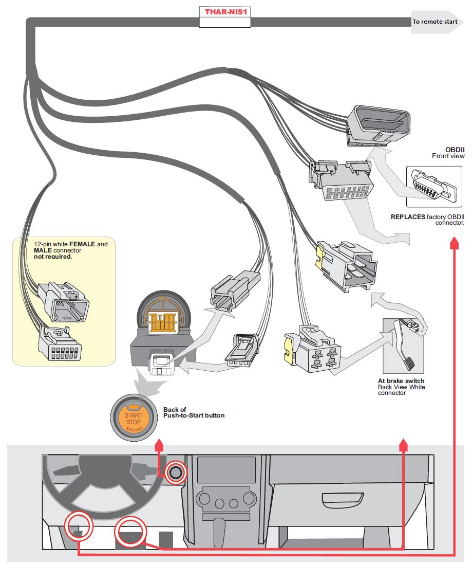 STEP 3: Make the connections Locate the needed plugs of the vehicle as shown in the following diagram, and connect the corresponding THAR-NIS1 ( T harness) connectors to their respective locations.