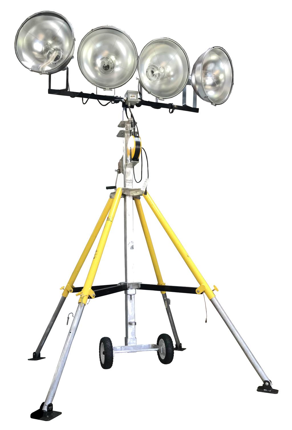 Quad Pod Portable Floodlight 1000w Metal Halide - 300w LED - UL Validated being offered by Boss Used By Tank & Vessel, Offshore, & Marine Servicing Contractors Outside Perimeter Floodlighting for
