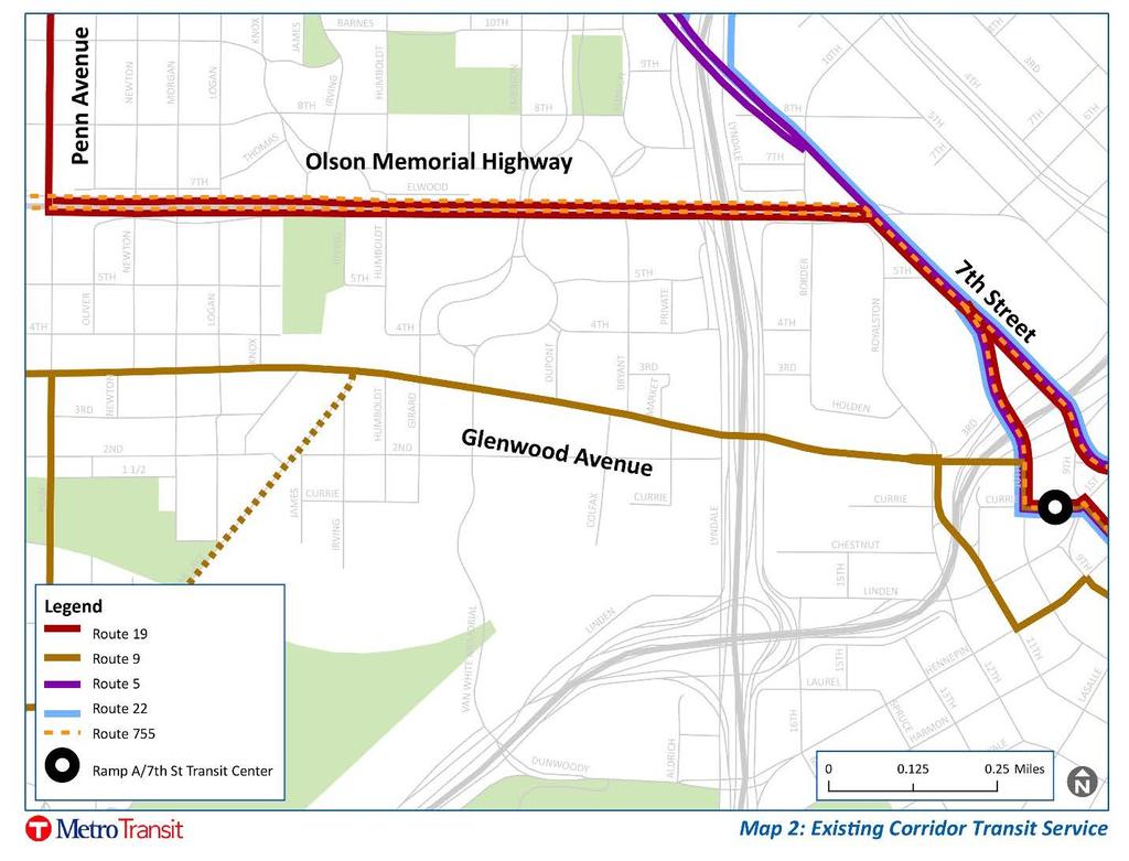 What transit service currently exists on each alignment? Transit service on both Olson Highway and Glenwood Avenue provide eastbound (inbound) connections to downtown Minneapolis.