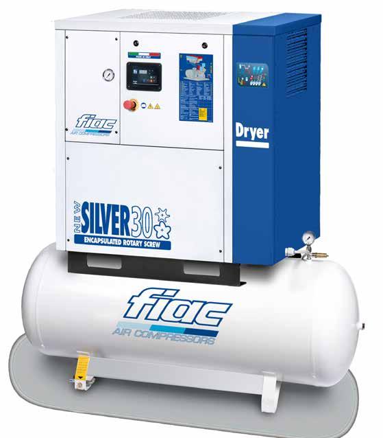 Silent encapsulated rotary screw compressors tank mounted with dryer Module: compressor + tank + dryer Belt drive Type NEW SIVER D 25/500-30/500 xx l db (A) l /min CFM m 3 /h bar psi BS kw mm in kg