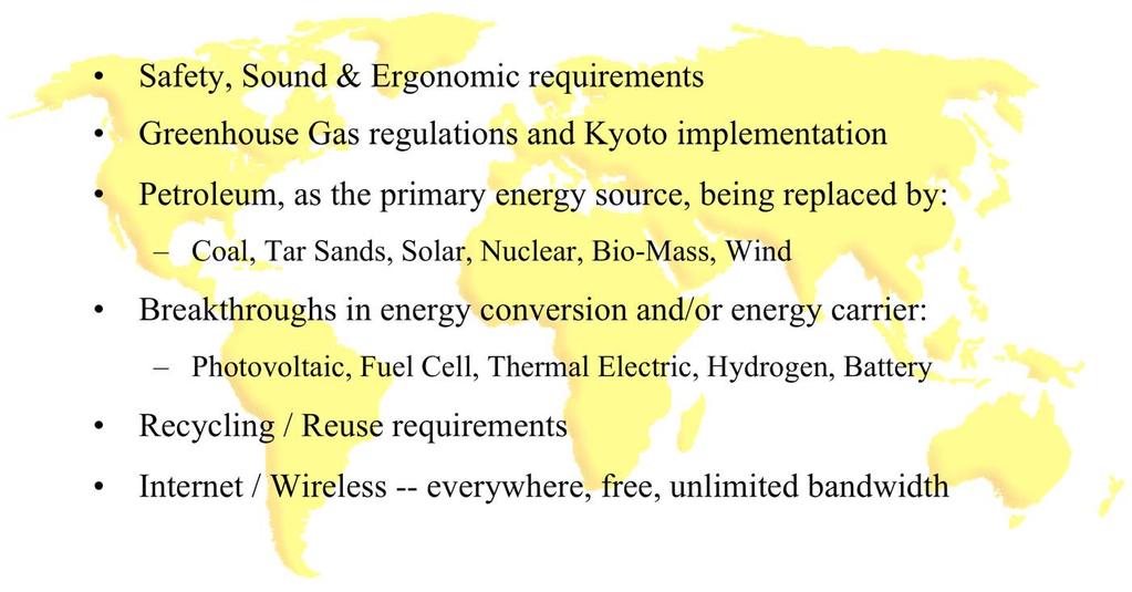2010-2015 Other Potential Issues many other forces at play Safety, Sound & Ergonomic requirements Greenhouse Gas regulations and Kyoto implementation Petroleum, as the primary energy source, being