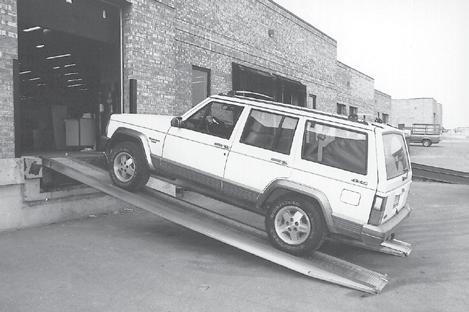 Aluminum twin Ramps with Perforated Traction Grip Provides a fast, safe means of moving vans, pickup trucks and some cars from ground level into and out of building docks.