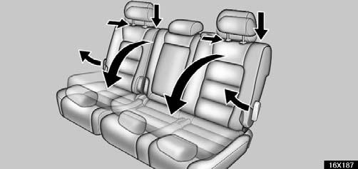 COMFORT ADJUSTMENT Folding up second seat 16X186b 16X187 Before folding up the second seat, stow the second seat buckles as shown in the