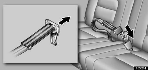 COMFORT ADJUSTMENT Third (center seat) seat belt 16X214 CAUTION After inserting the tab, make sure the tab and buckle are locked and that the belt is not twisted. Do not insert coins, clips, etc.