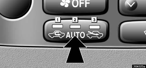 AIR CONDITIONING If manual switching of air intake is desired 20X023a Each time you push the air intake control button, the mode changes in order from the RECIRCULATED AIR mode to AUTOMATIC mode to