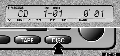 AUDIO (b) Playing a compact disc (c) Selecting a desired disc 21X103 21X104 Push the DISC button if the discs are already loaded in the player. CD appears on the display.