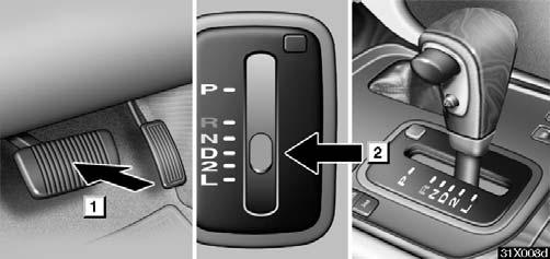 STARTING AND DRIVING 1 Brake pedal 31X008d 2 D (Drive) position 4. With your foot holding down the brake pedal, shift the selector lever to D.
