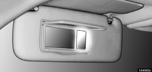 INTERIOR EQUIPMENT VANITY MIRRORS Sun visors 14X002c 14X012a To use the vanity mirrors, swing the sun visor down and open the cover.