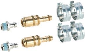 7 Connection set cooling-, separate system water quick-release shut-off coupling, brass water up to 100 C 2x Nipples brass (thread sealing) 2x Quick-release shut-off coupling with valve and hose