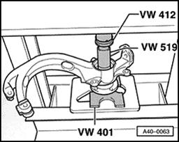 Page 16 of 17 40-66 Fig. 9 Pressing wheel hub into 75 mm diameter wheel bearing CAUTION! When installing, VW519 sleeve must exert force only against the bearing inner race.