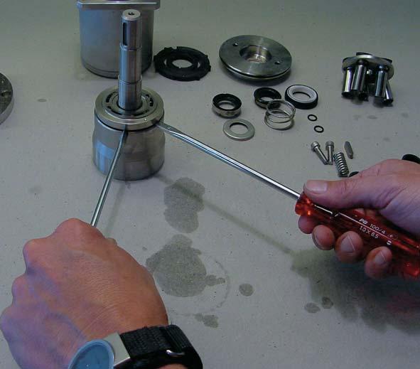 13. Loosen the thrust plate using two screwdrivers.