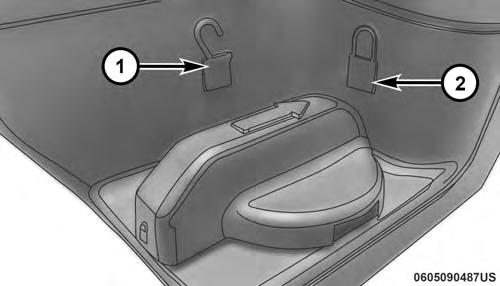 336 WHAT TO DO IN EMERGENCIES To release the jack kit for it s storage location, you must push down and turn the lock knob 1/4 turn counter
