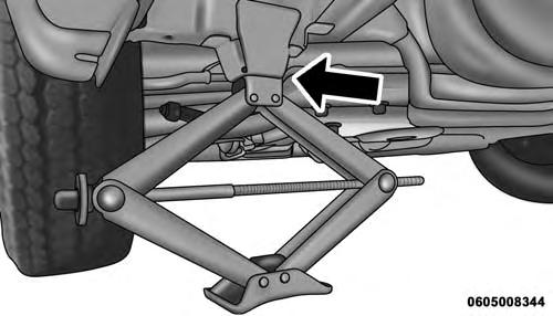 346 WHAT TO DO IN EMERGENCIES NOTE: The front jacking location is located behind the front tire and in front of the driver/passenger door. WARNING! Being under a jacked-up vehicle is dangerous.