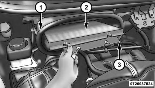 2. Remove and replace the A/C air filter from the filter retainer. 1 Fresh Air Inlet 2 A/C Air Filter 3 A/C Air Filter Retainer Removing Air Filer 3.