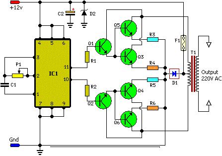 Fig:- Inverter circuit 3.Transformer:- A transformer that increases voltage from primary to secondary (more secondary winding turns than primary winding turns) is called a step-up transformer.