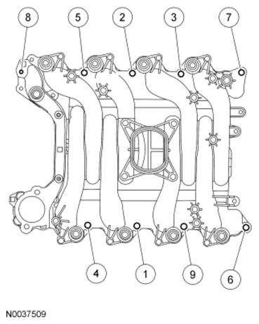 4.6L (2V) article. 4. Position the intake manifold crash bracket and loosely install the bolt and stud bolt. 5. Tighten the bolts in the sequence shown in the illustration.