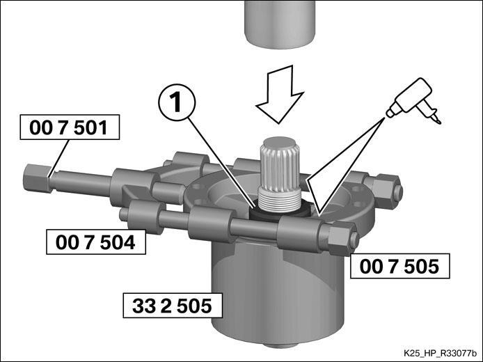 Page 3 of 5 Clamp thrust ring (1) with jaws (No. 00 7 504), adjusting screws (No. 00 7 505) and thrust spindle with yoke (No. 00 7 501) and remove. Remove O-ring (2).