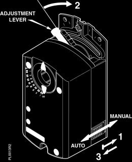 Manual Override To move the damper blades and lock the position with no power present: 1. Slide the red manual override knob toward the back of the actuator. 2.
