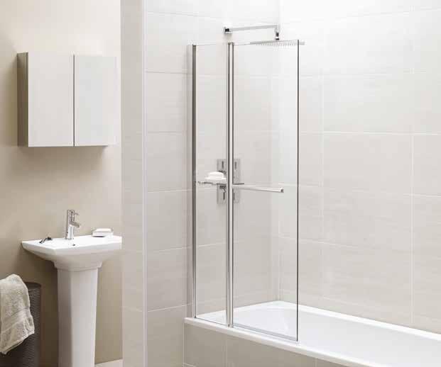 Square Fixed Panel Bath Screen The Square Fixed Panel Bath Screen offers a practical internal glass shelf, chrome effect towel rail, pivots 180 o for ease of cleaning and has 20mm adjustment for out