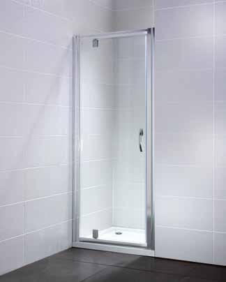 39 Pivot Door PIVOT DOOR IDENTITI 6mm toughened safety glass Polished silver with stylish handle 1900mm high Colour matched soft close door seals 50mm adjustment for out of true walls
