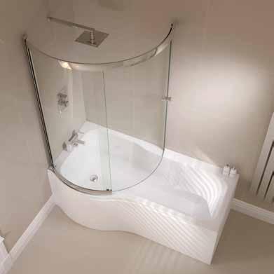the edge of the bath 15mm adjustment for out of true walls 6mm toughened safety glass Polished silver Sliding door action Creates an enclosed showering area above your bath For
