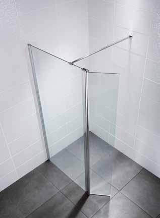 17 Wetroom with Return Panel WETROOM WITH RETURN PANEL IDENTITI 8mm toughened safety glass Polished Silver 1950mm high Stainless steel support bracket Suitable for tray or