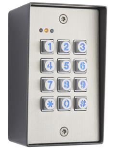 included for surface mounting LED status indicators False code lockout Keypad buzzer can be silenced Programmable from the keypad Dual voltage 12/24 AC/DC Backlit metal keys SPDT 5A contacts Output