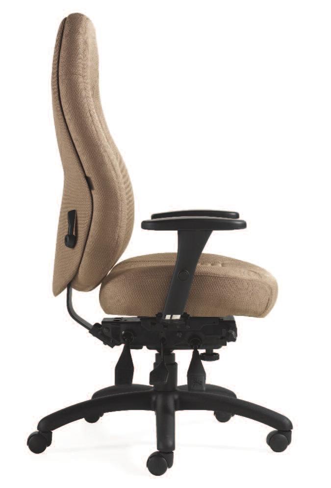 Obusforme Comfort Multi-Tilter functional features Elastomeric back support system. Compound curved back. 5 ¼ back height and lumbar height adjustment via a concealed ratchet.