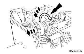 6. NOTE: Make sure the side of the thrust washer, with three 5-mm wide oil grooves, faces the crankshaft thrust surface.