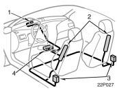 22p027 The SRS side airbag system consists mainly of the following components, and their locations are shown in the illustration. 1. SRS warning light 2. Side airbag modules (airbag and inflator) 3.
