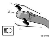 37.Emergency flashers 23p003a 23p004a 23p005 High Low beams For high beams, turn the headlights on and push the lever away from you (position 1). Pull the lever toward you (position 2) for low beams.