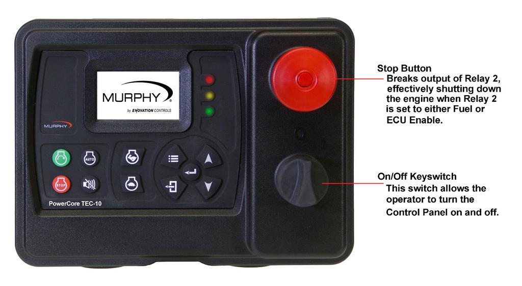 The TEC-10 Panel offering also has a keyswitch and a stop button: Accessing the Menu Figure 2: Panel stop button and on/off keyswitch The MPC-10 / TEC-10 have 3 menu security levels to restrict users
