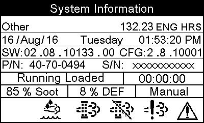 Figure 13: System Information This screen displays the Engine Manufacturer, Engine Hours, date, day, time, software