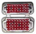 LED panels press into grooves within the housing. Each LED panel is marked DRIVER and PASSENGER side.