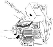As figure, with holding the main shaft, after stepping the lower frame, let start the engine. When getting started, please move the throttle lever a little up.