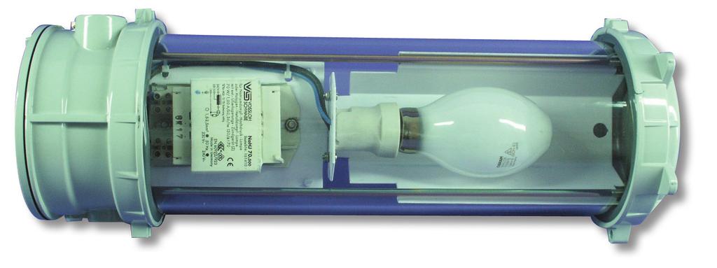 110 Cylindrical bulkhead lights for HP sodium lamps 70 W - 230/240V 50 Hz flameproof Zone 1 & 2-21 & 2 ATEX IEC EC II2 G/D EEx d IIC T4 T = 112 C IP 68 (10m) IK 09 Zones : 1 and 2 and 21-22