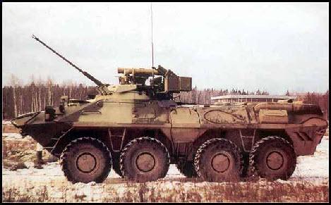 Size 4 BTR 90 120 6 3xD10 Front 7+ 3+ 9+ Side 7+ 4+ 8+ Rear 6+ 5+ 7+ BTR 90 with 30 mm 2A42 Cannon 7.62mm PKT CMG AGS 17 Plamya AGL Multifire/All, Wheels/14, Amphibious/2 30 mm 2A42 Cannon 7.