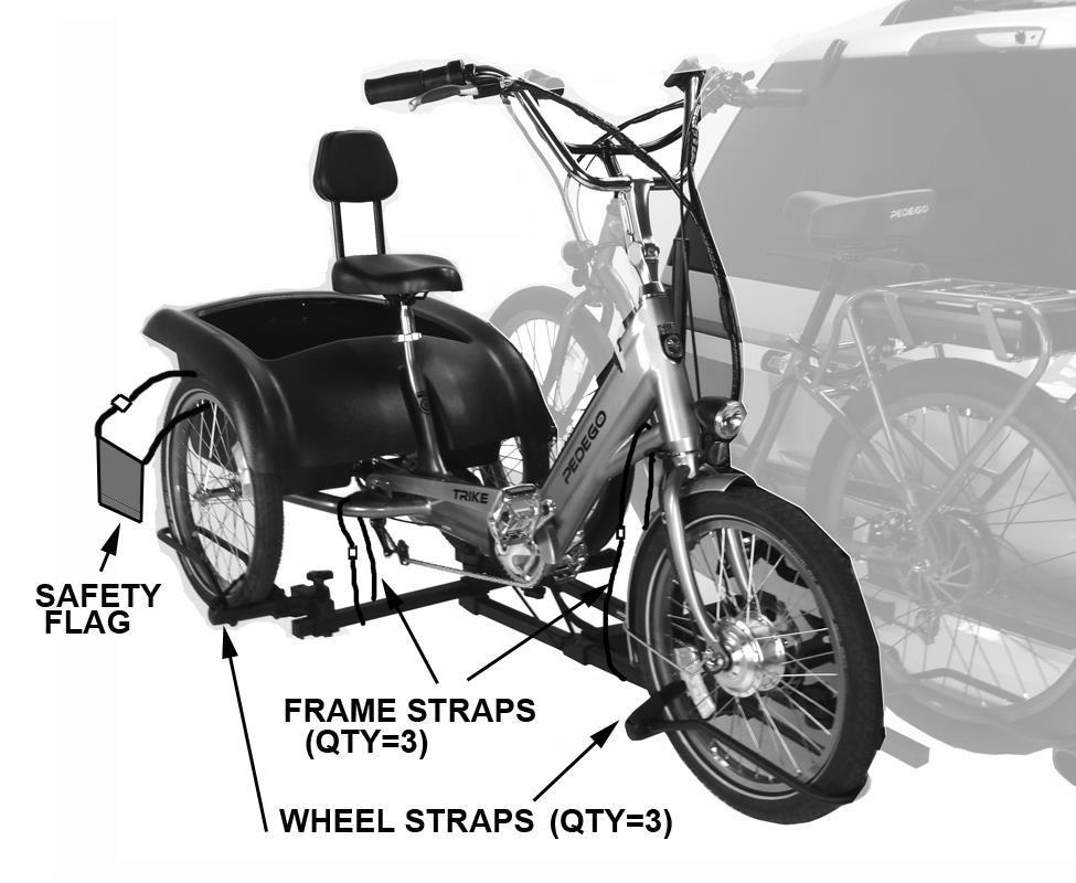 Section D: Mounting the trike (and bike) If carrying a bike and trike as shown in 16, mount and secure the bike first as detailed in the HR1450Y-E instruction manual.