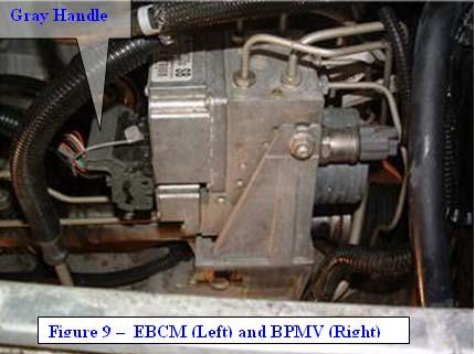 The EBCM is on the left with the large wire harness coming into it and the sticker on top. The Brake Pressure Modulator Valve (BPMV) in on the right with the brake lines coming out.