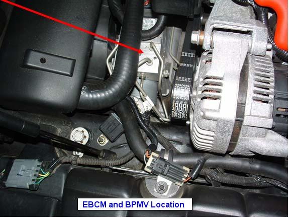 You can see it in the picture on the below. The EBCM is on the left with the large wire harness coming into it and the sticker on top.