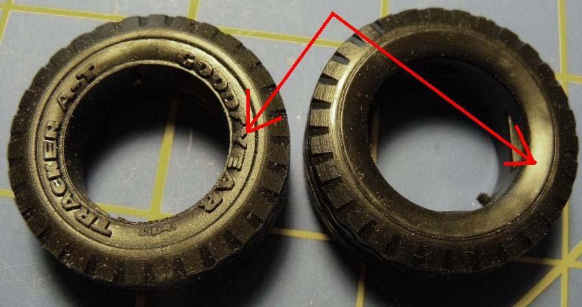 7) Now, the tires themselves are period correct, they were what was on factory CJ s, but due to a licensing problem with Goodyear, the raised letters have been removed from the scale rubber in the