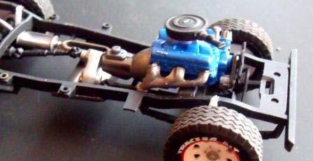 9) I painted the engine with Testors French Blue, Transmission is Testors Aluminum, the exhaust is Testors Metalizer Burnt Metal.